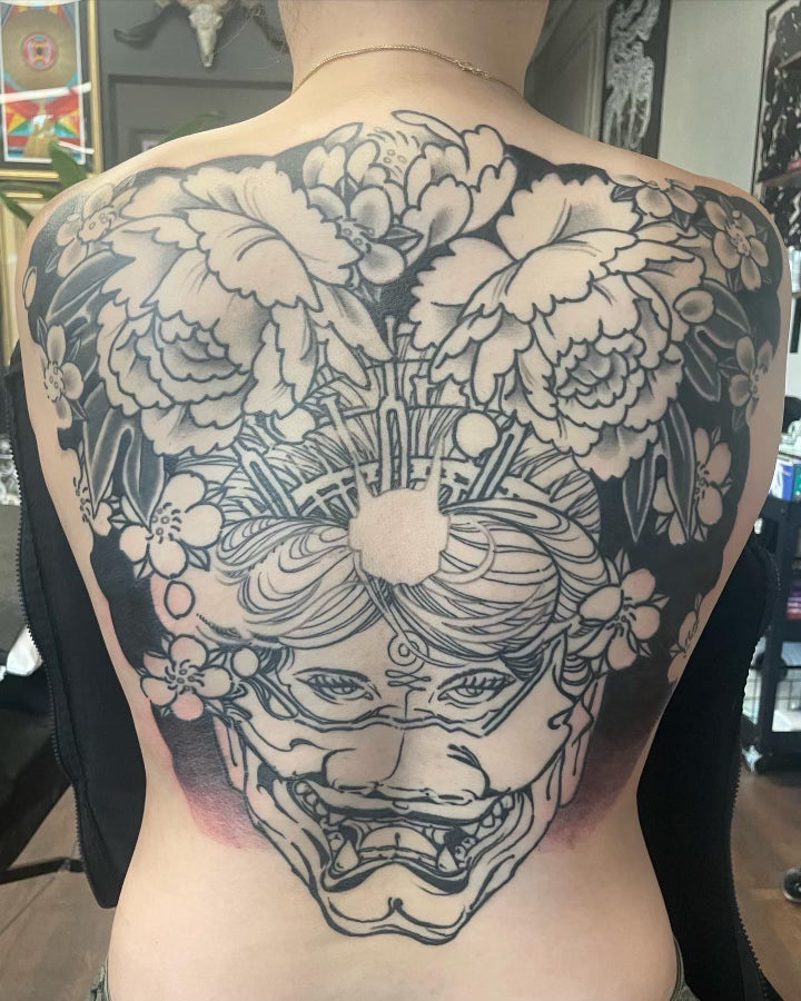 Andrea black and grey Japanese back tattoo